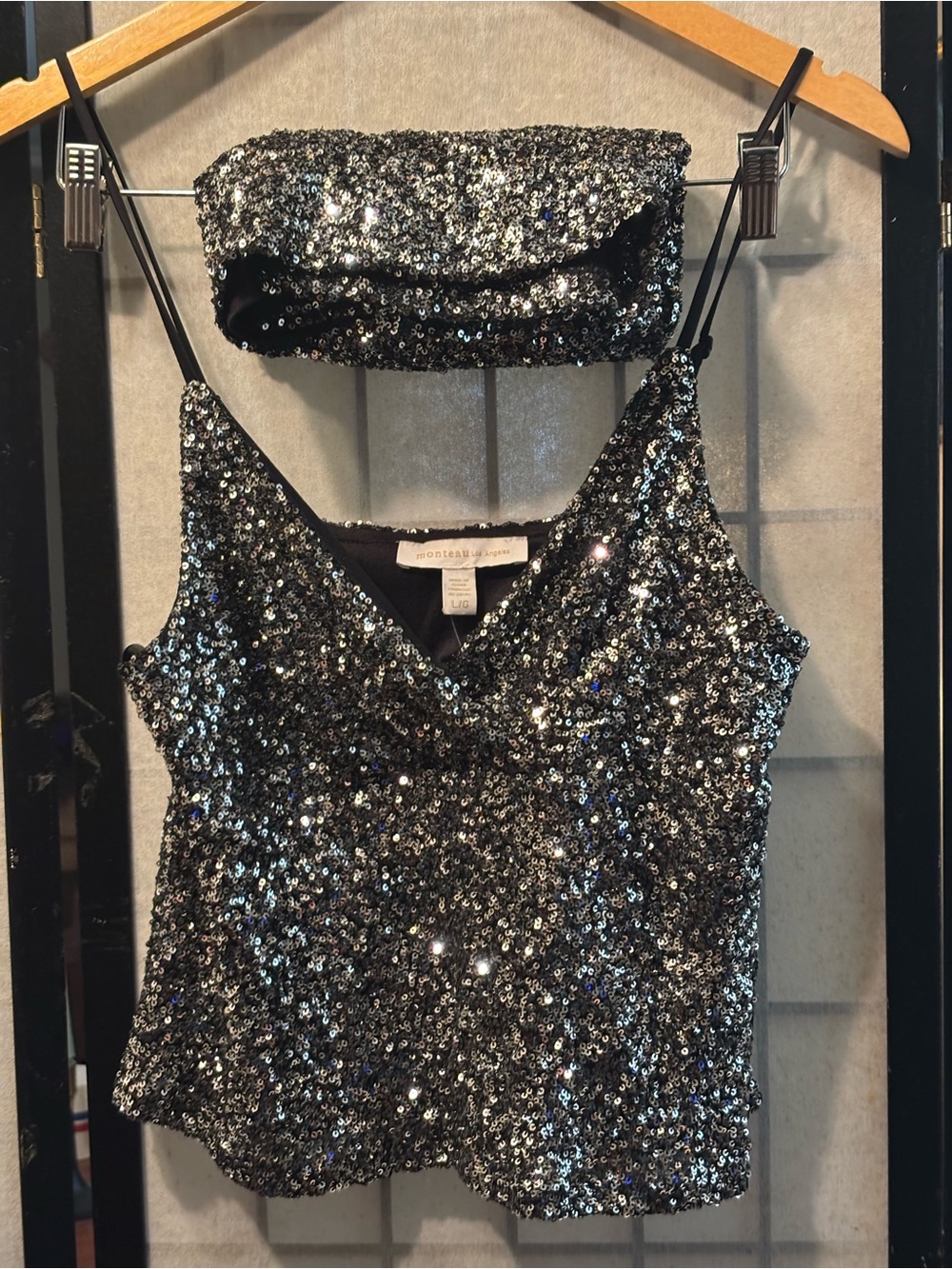 MONTEAU Los Angeles Y2K & Disco Inspired Silver Sequin Cami & Mini Skort Set